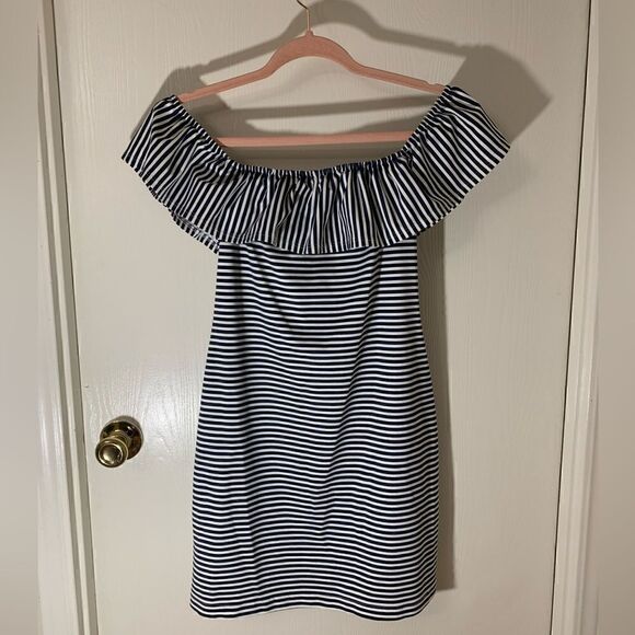 Sailor-Sailor EUC navy blue/white striped off the shoulder ruffle dress Size XS - Picture 4 of 5